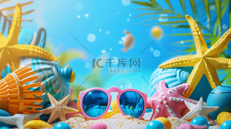 夏天泳池泳镜玩具球沙滩的插画6
