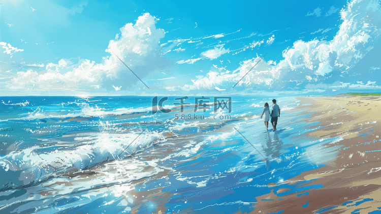 蓝天白云下大海沙滩上情侣散步的插画10