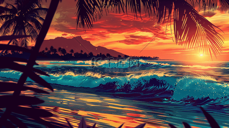 彩色手绘户外旅游景区海浪的插画1