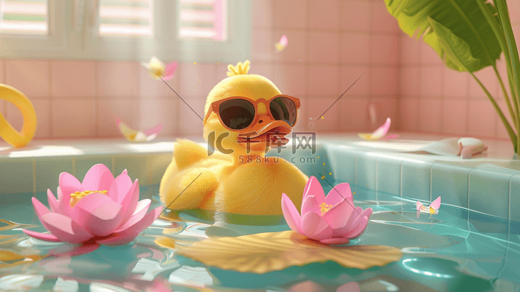 彩色泳池里小黄鸭泳圈眼镜的插画7