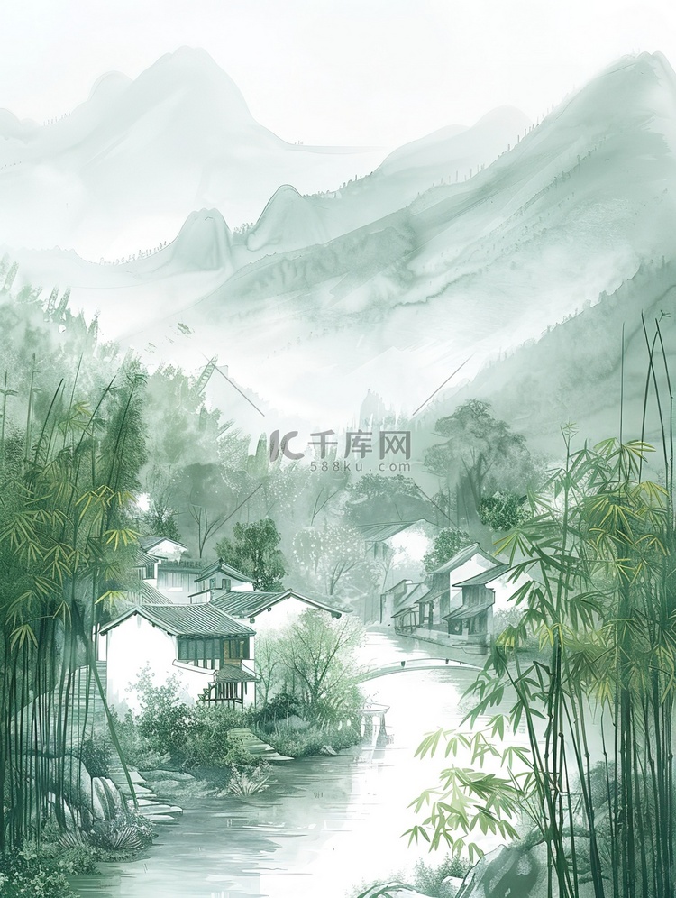 宁静的村庄竹林农舍插画图片