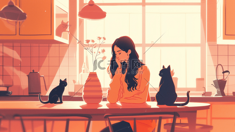 手绘绘画室内女孩猫咪的插画2