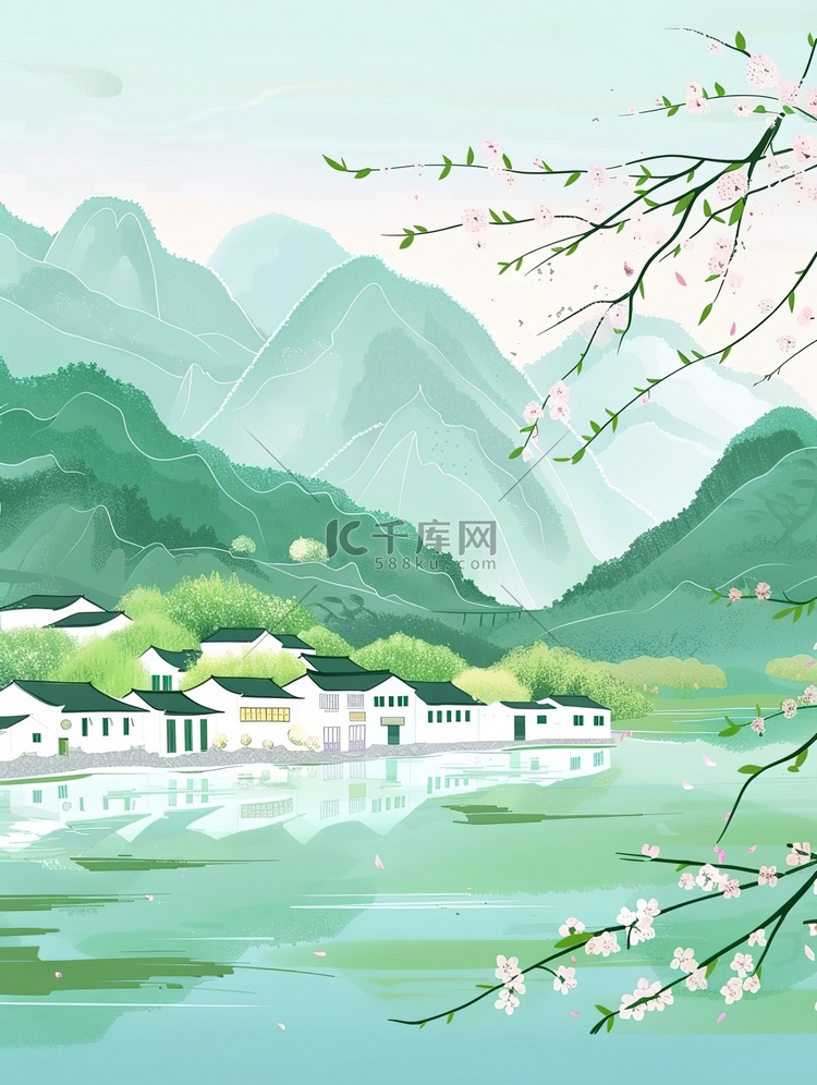 绿水青山湖边乡村插画海报