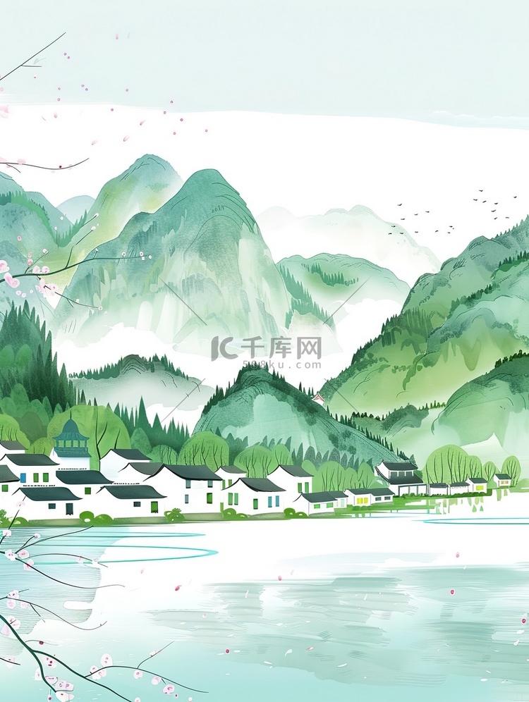 绿水青山湖边乡村矢量插画