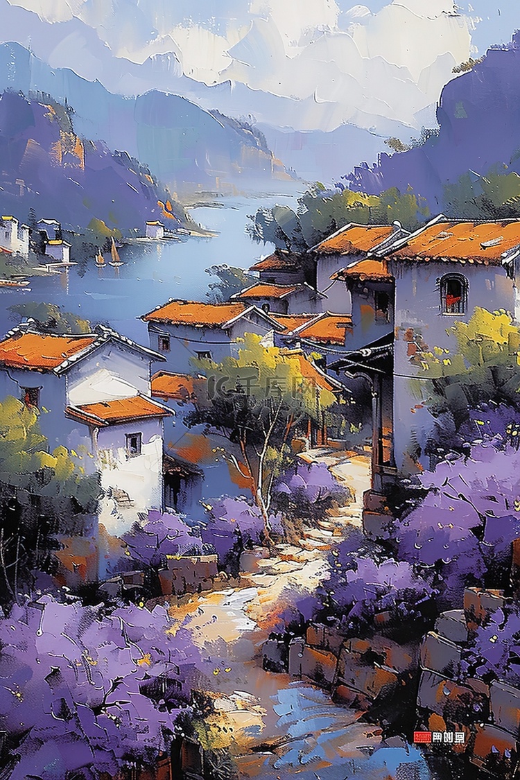 浅紫色的花朵的村庄水彩图片