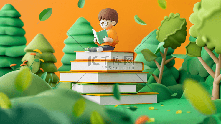 彩色卡通室内书房里男孩看书的插画