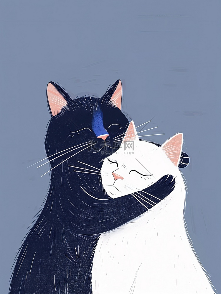 两只猫深情地拥抱原创插画