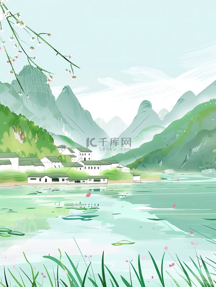 绿水青山湖边乡村插画海报