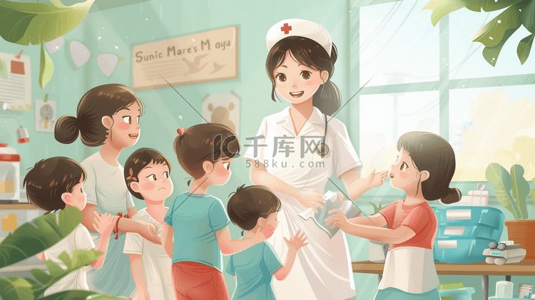 彩色手绘绘画护士在诊室的插画