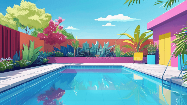 彩色时尚豪宅漂亮泳池的插画