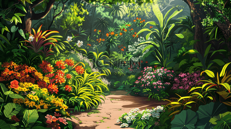 彩色绘画缤纷森林里花草树木的插画