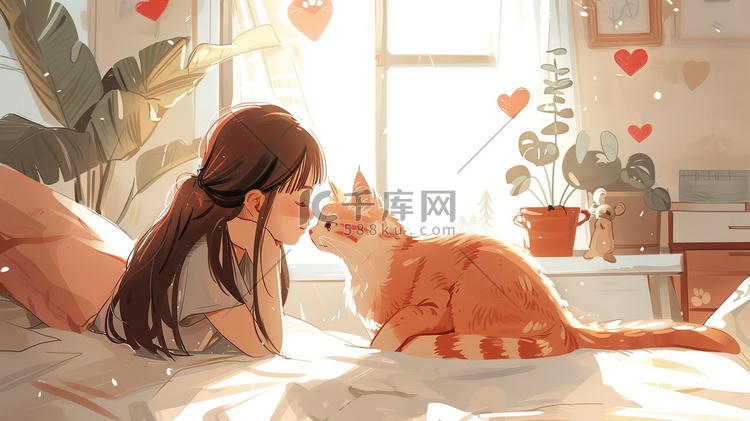房间里一只猫和女孩插画海报