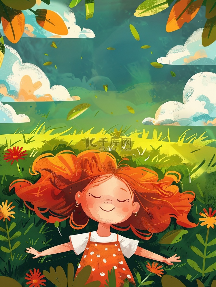 小女孩躺在草地上插画素材