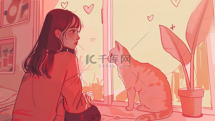 房间里一只猫和女孩矢量插画