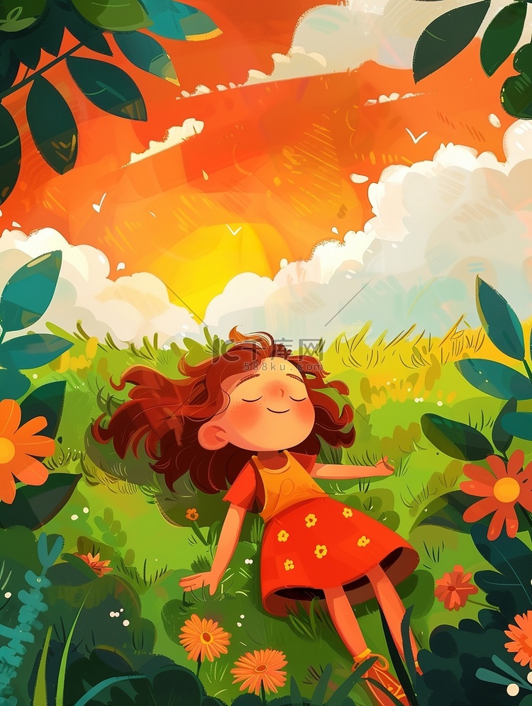 小女孩躺在草地上插画海报