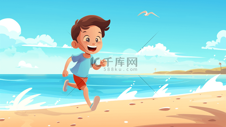 手绘绘画卡通男孩沙滩上奔跑的插画