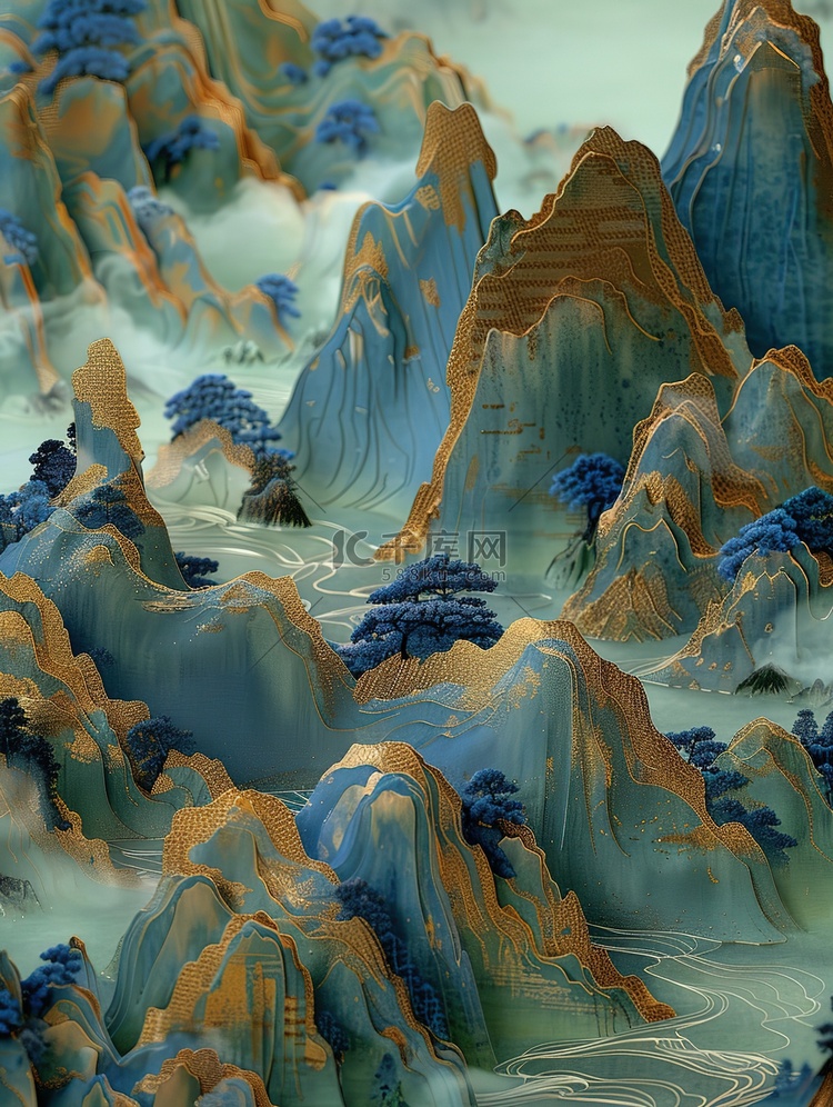山和丘陵的3d绘画青色山脉插画素材