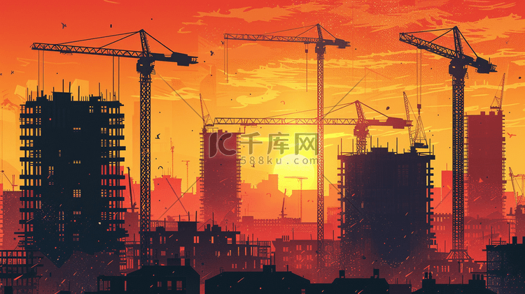 彩色夕阳下城市建筑大型吊车的插画