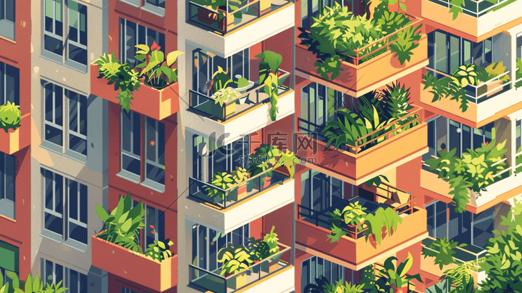 简约绿色绿化城市楼房建筑设计的插画