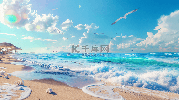手绘蓝天白云海边沙滩上休闲度假的插画