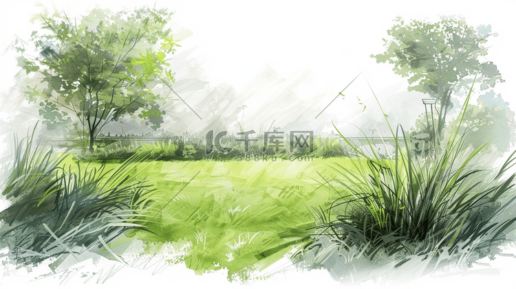 绿色手绘绘画户外风景草坪风光的插画