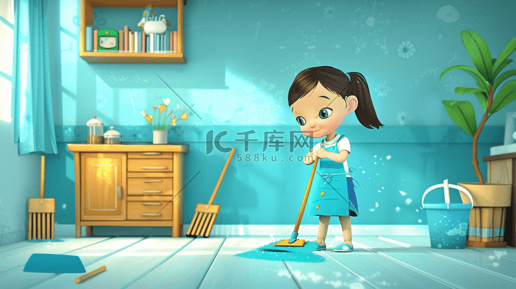彩色手绘女孩室内打扫卫生的插画