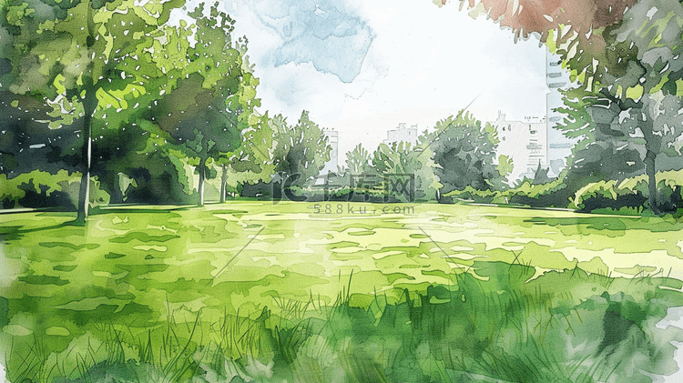 绿色手绘绘画户外风景草坪风光的插画
