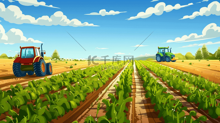 彩色手绘绘画田野里农拖拉机的插画