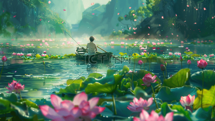 彩色手绘户外河面荷花景区孩童划船的插画