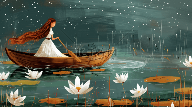 彩色手绘唯美河面上女孩乘船的插画