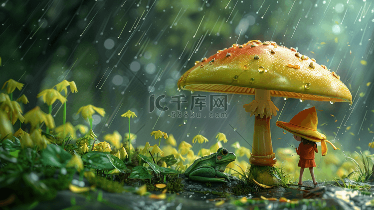 彩色雨季卡通森林里女孩打蘑菇伞的插画