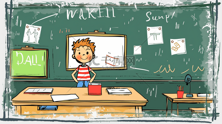 彩色手绘绘画室内教室男孩上课的插画