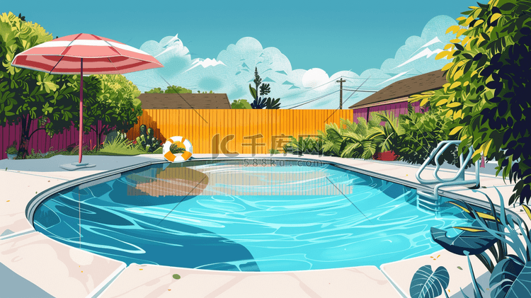 彩色手绘唯美时尚庭院里泳池的插画