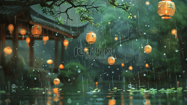 彩色手绘雨季山水风景区下雨的插画