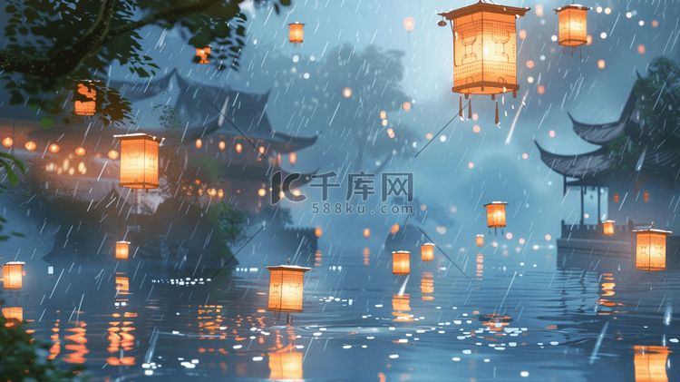 彩色手绘雨季山水风景区下雨的插画