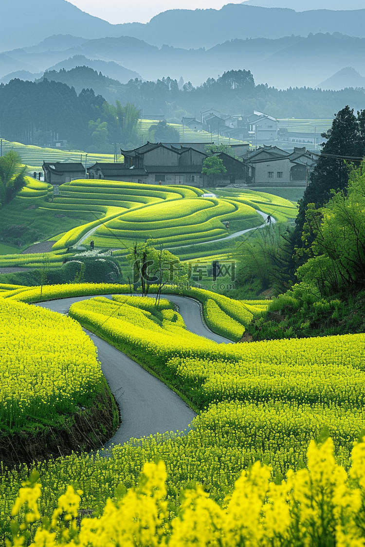 油菜花田园春天乡间植物手绘插画