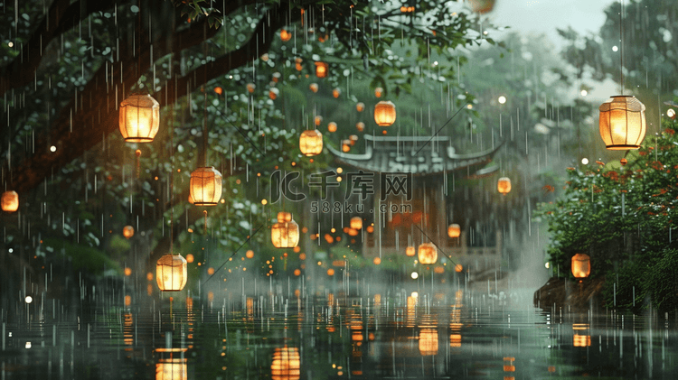 彩色手绘雨季山水风景区下雨的插画