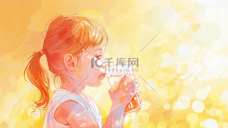 彩色绘画水彩女孩手拿饮料的插画