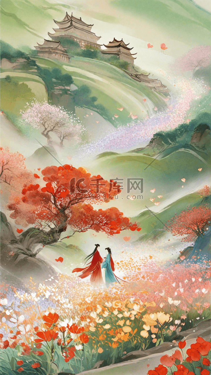 与凤行国风浪漫古风古代情侣背影插画