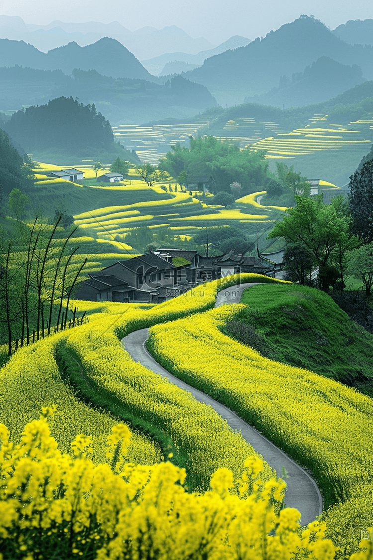 油菜花田园乡间植物手绘春天插画