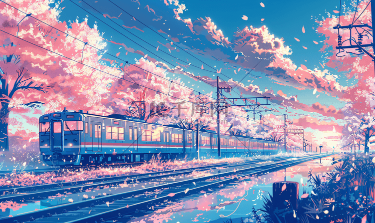 春天的列车樱花插画1
