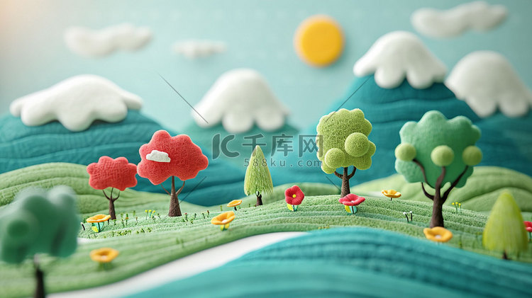 森林树木卡通模型立体合成创意插画