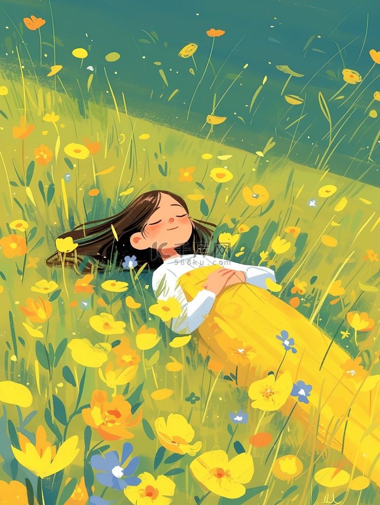 女孩躺在花朵丛中素材