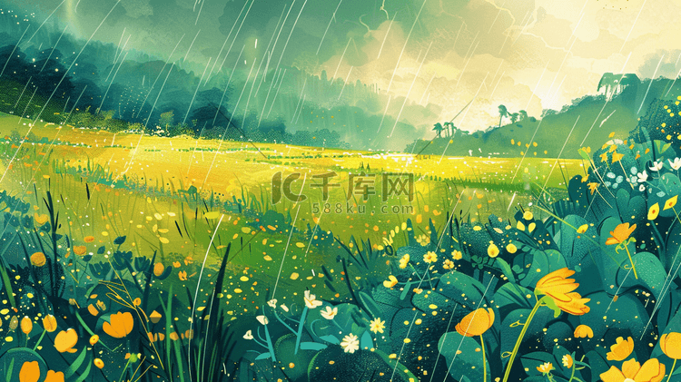 绿色田野春雨风景插画
