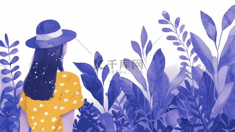 紫色扁平化户外风景女孩树木山色的插画