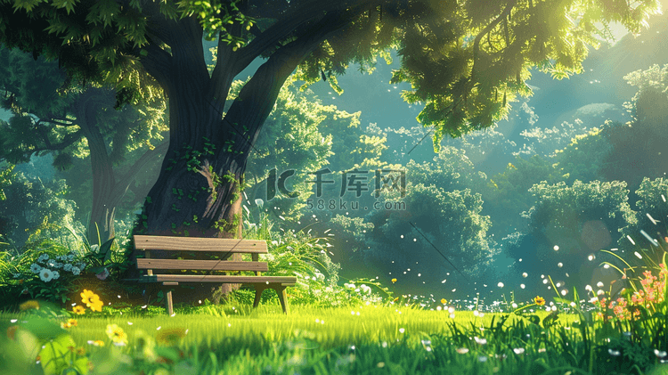 春天绿色户外公园里唯美长椅的插画