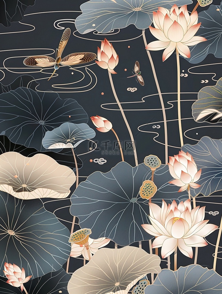 彩色荷叶荷花蜻蜓中国风插画设计