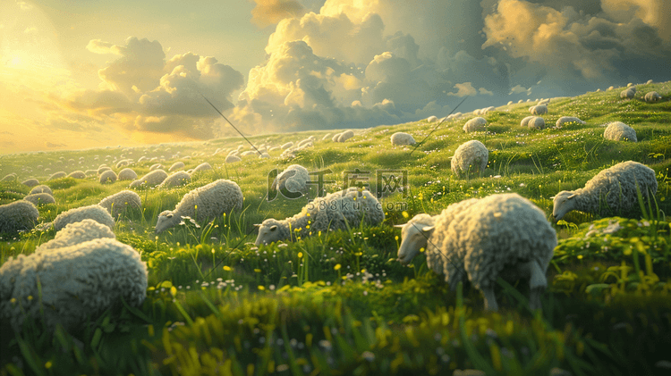 户外自然风景草原上放养羊羔的插画