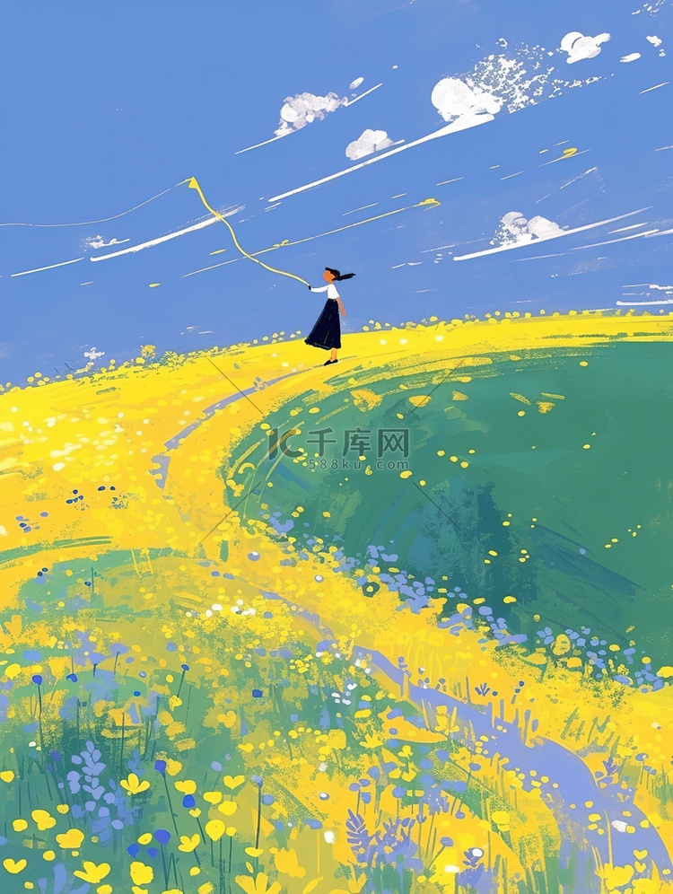 男孩走在开满黄色花朵的田野上插画素材