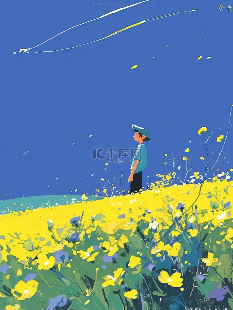 男孩走在开满黄色花朵的田野上原创插画